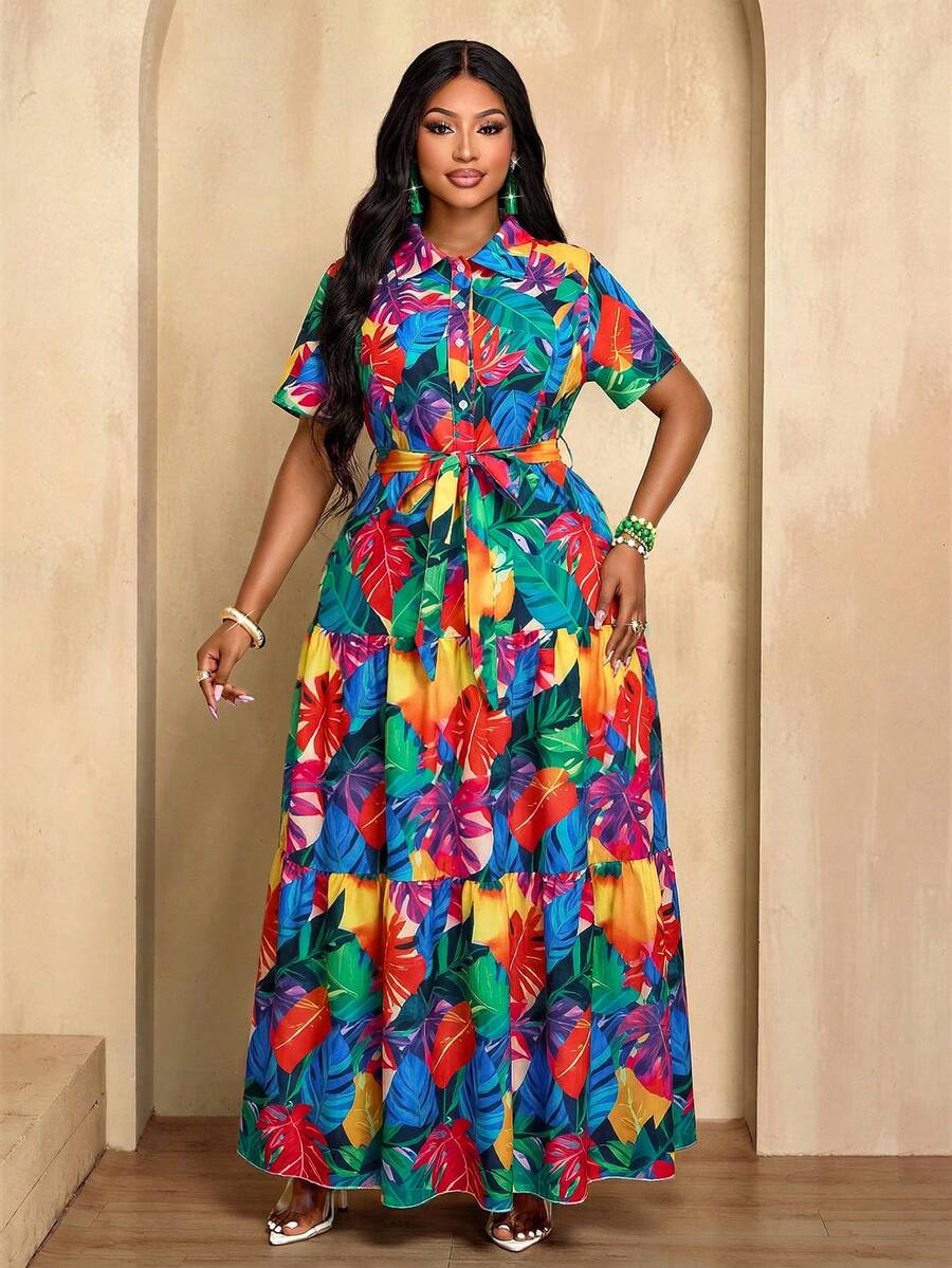 BIUBIU Vestido maxi de manga corta con botones y estampado de hojas tropicales coloridas en capas - Vestido de verano casual, de vacaciones y elegante para mujer - Multicolor - Ver 1