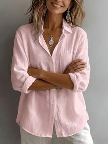 Women's Elegant Resort Style V-Neck Top, Loose And Relaxed Linen Blend Shirt, Suitable For Commuting, Casual, And Artistic Styles, Slimming And Flattering, Everyday Chic, Loose-Fitting, Draping, Breathable, Comfortable, And Relaxed Style. - 粉色 - 查看 6