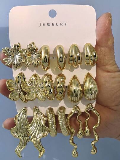 2/6/18pcs Gold Tone Elegant Earring Set For Women, Suitable For Daily Wear, Travel, Vacation, Dates, Festivals, Matching Different Styles