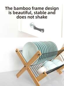 1pc Foldable 2-Tier Bamboo Dish Drying Rack, Natural Wood And Black Metal Wire Plate Holder, Collapsible Kitchen Counter Dish Drainer Rack, Space-Saving Sturdy For Small Kitchen And Apartment - Silver - View 8