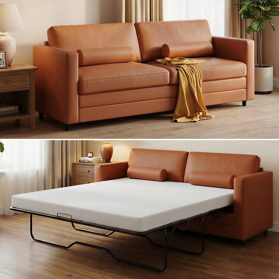 Queen Size 2-In-1 Faux Leather Pull Out Sofa Bed With 3.5" Mattress - Redwood - View 1