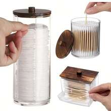 1/3 Packs Cotton Swab/Ball/Pad Holder, Apothecary Jar, Clear Bathroom Containers Dispenser For Storage Box Bathroom Storage Organizer Brown Wood Lids - Multicolor - View 1