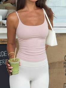 Muse Moon Women's Sexy Fitted Casual Solid Color Knit Camisole, Suitable For Workout, Daily Wear, And Commuting Pink - Pink - View 5