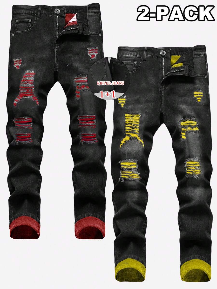Two-Pack Men's Ripped Jeans Stretch Ripped Jeans For Men Comfort Flex Slim Fit Jeans Designer Fashion Pants For Men,Street Style - Black + Charcoal Black - View 1