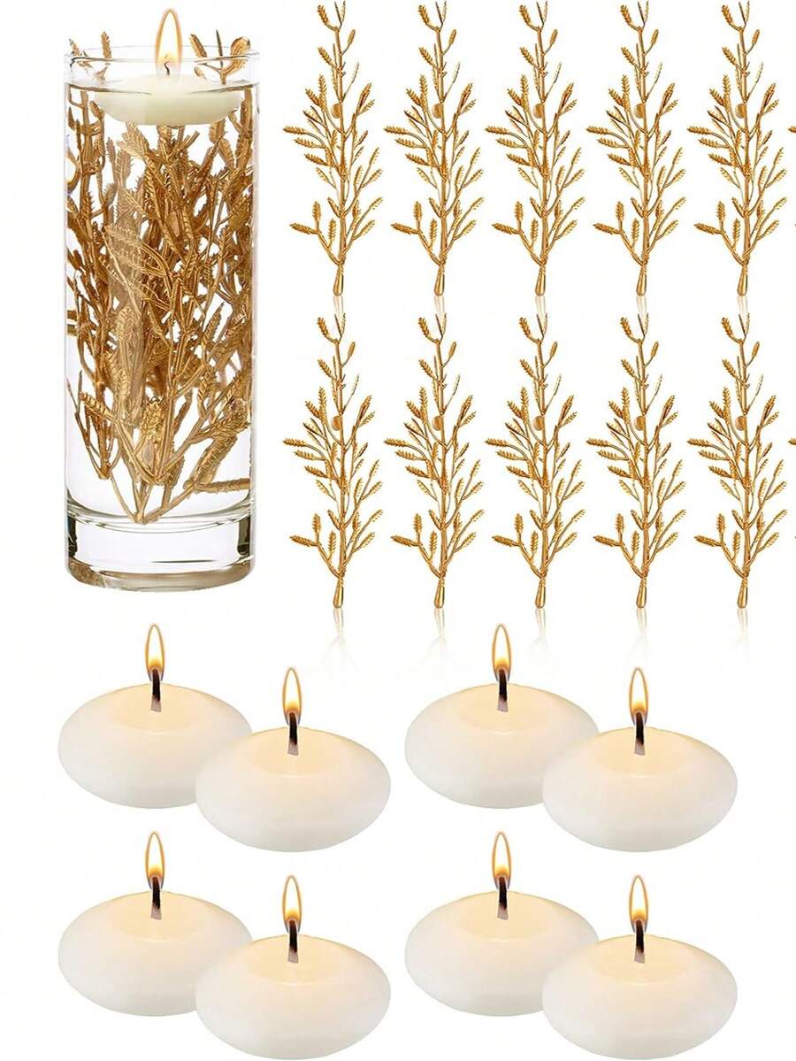 10/5pcs Rattan & Floating Candle Set, Imported Wax Plate Decor, Suitable For Wedding, Party, Holiday, Valentine's Day, Home Decoration - Lilin + Rumput Padi - View 1