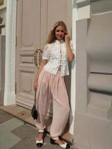 春秋季蕾丝钩花立领修身白色衬衫，优雅通勤上衣，采用轻盈蕾丝面料，修身剪裁，法式浪漫风格，夏季百搭叠穿单品 - 白色 - 查看 6