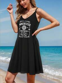 Plus Size - A Chic Black U-Neck Winchester Dress Designed For Plus-Size Women, Ideal For Beach Getaways, Summer Events, And Casual Lounging. This Elegant Spaghetti Strap Dress Is Perfect For Weddings And Evening Parties - 黑色 - 查看 3