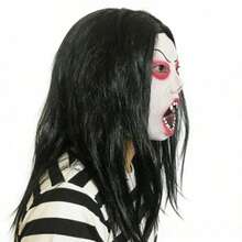 Mặt nạ ma quỷ tóc đen dài đáng sợ, phụ kiện đội đầu hóa trang Halloween hình quỷ trắng rùng rợn, đạo cụ chơi khăm. - Nhiều màu - Xem 5