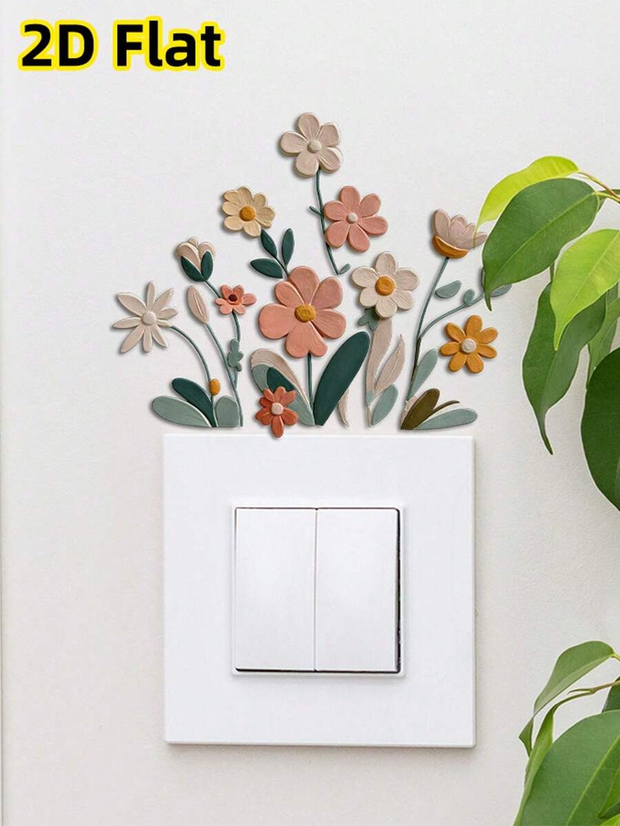 Removable Floral Switch Stickers, Suitable For Bedroom, Living Room And Bathroom Wall Switch Decoration, 2D Printed Floral Stickers, Easy To Peel And Stick, PVC Material, Spring Theme Decor - Multicolor - View 1