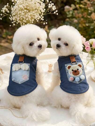 可爱牛仔布狗狗背心，夏季款，无袖宠物外套，带D形环，卡通印花，适合小型中型犬猫穿着，柔软透气，适合吉娃娃、约克夏等幼犬和幼猫，休闲简约的宠物日常穿搭