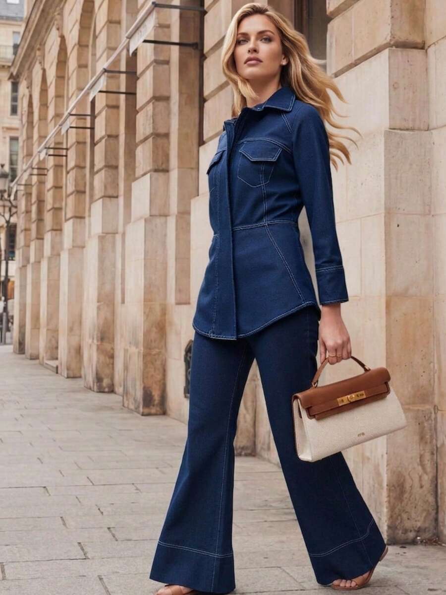 Women's Dark Washed Contrast Stitch Tailored Elegant Denim Shirt & Flared Jeans Set - Dark Wash - View 1