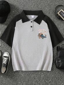 Boys' Summer New Funny Car & Letter Print Short Sleeve Polo T-Shirt, Children Summer Outfit - Grey - View 2