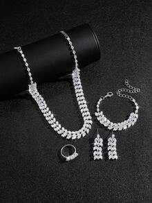 Bộ trang sức cưới sang trọng 5 món đính đá lấp lánh, gồm vòng cổ, bông tai và vòng tay, phụ kiện thời trang dự tiệc và lễ hội, thích hợp cho chụp ảnh cưới. - Bạc - Xem 3