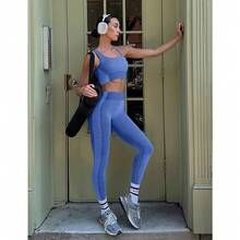 OLCHEE Womens Workout Sets 2 Piece Seamless Square Neck Sports Bra Padded Butt Lifting Leggings High Waist Yoga Gym Outfits - Light Blue - 查看 4