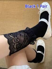 1/2/4 Pasang Kaos Kaki Wanita Warna Polos Setinggi Betis - Hitam - View 7
