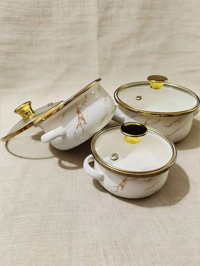 3pcs Thick Gold-Rimmed Enamel Soup Pot, Baby Food Pot, Mini Double-Ear Ramen Bowl/Pot/Casserole, Suitable For Gas Stove/Induction Cooker, Can Be Used As Food Pot, Soup Pot, Seafood Pot, Ramen Pot, A Good Helper For Cooking On Holidays Like Valentine's Day, Ramadan, Eid Al-Fitr, Back To School Season, Easter, Mother's Day Gift For Mom