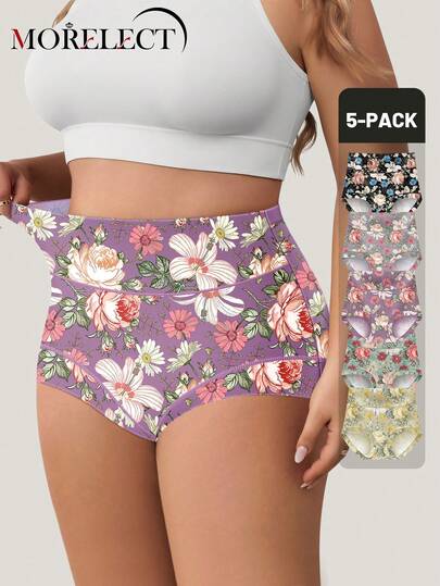 Morelect 5pcs/Pack Women Plus Size High Waist Soft & Comfortable Printed & Contrast Color Design Panties, Daily Underwear