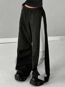 1 pièce Pantalon droit minimaliste, polyvalent, élégant, mode, décontracté, confortable et respirant, convenant pour le port quotidien, l'entraînement, l'extérieur, la course, le blocs de couleurs, Halloween, printemps/été/automne, pour filles et adolescentes - Noir - Voir 3