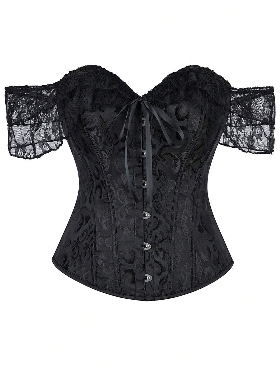 Áo định hình hở vai bằng vải jacquard ren tương phản dành cho nữ, Halloween - màu đen - Xem 1