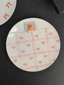 Cabin Kangaroo 1 pieza Plato de cerámica 3D lindo con estampado de lazo, plato de cena con relieve Kawaii, plato de postre/desayuno estético, apto para microondas, ideal para decoración del hogar y regalos - Multicolor - Ver 8