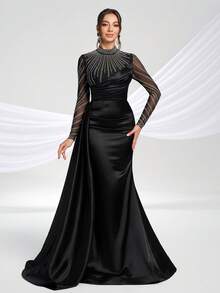 YISIKADO Rhinestone Satin Contrast Mesh Luxury Evening Gown Long Sleeve Stand Collar Elegant Women Formal Prom Dress For Wedding Guest, Graduation, Dinner - Black - View 1
