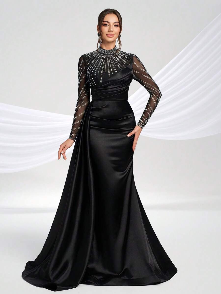 YISIKADO Rhinestone Satin Contrast Mesh Luxury Evening Gown Long Sleeve Stand Collar Elegant Women Formal Prom Dress For Wedding Guest, Graduation, Dinner - Black - View 1