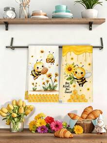 2pcs Bee Pattern Kitchen Towels, Size 40*48cm, Bee, Sunflower And Honey Pattern, Soft And Absorbent Microfiber Hand Towels, Kitchen Decor, Dining Table Decor, Bathroom Decor, Warm Gift For Friends And Family, Spring/Summer Decoration - Yellow - View 8