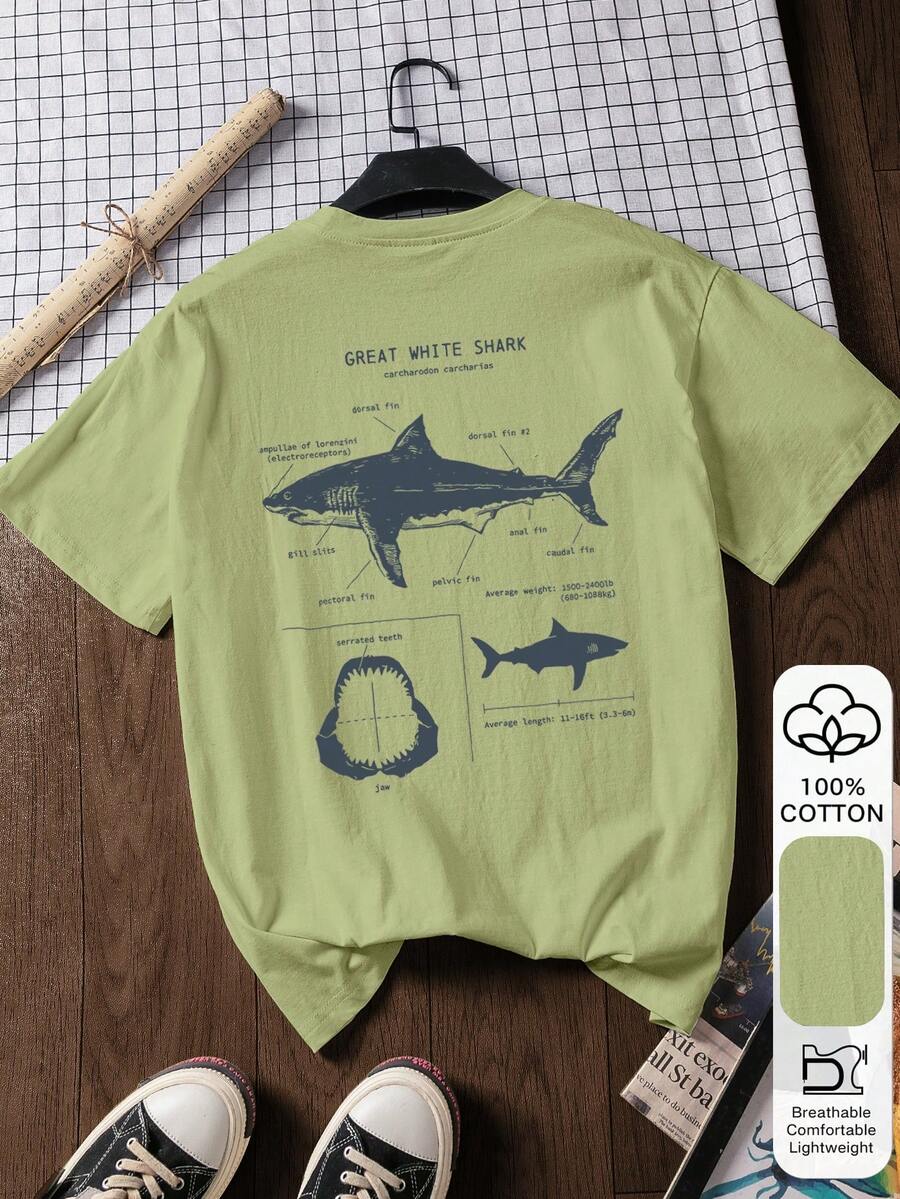 女款 100% 純棉鯊魚印花短袖白色 T-shirt,純棉上衣,夏季上衣,圖案印花,夏季 T-shirt,女款上衣,上衣,夏季穿著,度假,旅行,海灘,休閒度假風 - 青檸色 - 查看 1
