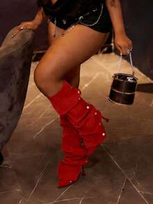 Fashion Red Boots Women's Knee High Boots Pointed Toe High Heels Wide Calf Ruched Slouchy Stiletto Shoes Detachable Snap-Off Panel Mid Calf Boots - 紅色絨面革 - 查看 1