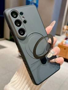 适用于三星 Galaxy S26 Ultra、S25、S24 Ultra、S22 Ultra、S23 Ultra、S24 Ultra 的减震硅胶磁吸支架手机壳，磨砂镜头保护防滑纹理手机壳 - 黑色 - 查看 2