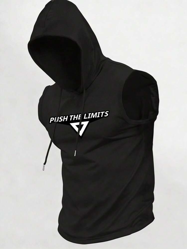 Spring/Summer/Autumn Minimalist Vacation Elastic Printed Sports Casual Hooded Vest - 黑色 - 查看 1