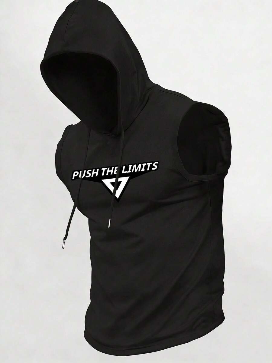 Spring/Summer/Autumn Minimalist Vacation Elastic Printed Sports Casual Hooded Vest - 黑色 - 查看 1