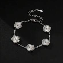 1条女士四叶草手链，18K镀金不锈钢幸运四叶草链手链，送给她的珠宝礼物 - 五葉草銀色 - 查看 3