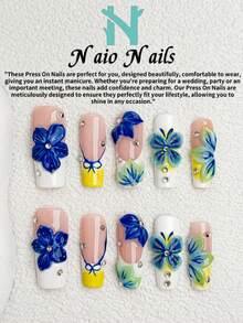NAIO 10pcs, Summer Handmade Press-On Nails & Optional Toe Nails, Square Tips, Y2K Cool Style, Nude, Yellow, Blue, And White French Tip Design With Ombre Detail, 3D Sculpted Flowers, Butterfly Accents, And Rhinestone Embellishments, Glossy Finish, For Women And Girls, Perfect For Parties And Everyday Wear, Includes Tool Kit, Great Gift For Nail Art Lovers - Multicolor - View 11