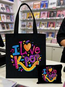 我爱K-Pop帆布手提袋，大容量K-Pop粉丝周边礼品，通勤购物袋，可折叠休闲杂货袋，适合音乐爱好者，适用于旅行、演唱会、粉丝活动、派对、工作、日常使用，粉丝生日礼物、偶像周边、节日礼物、演唱会礼物 - 彩色 - 查看 2