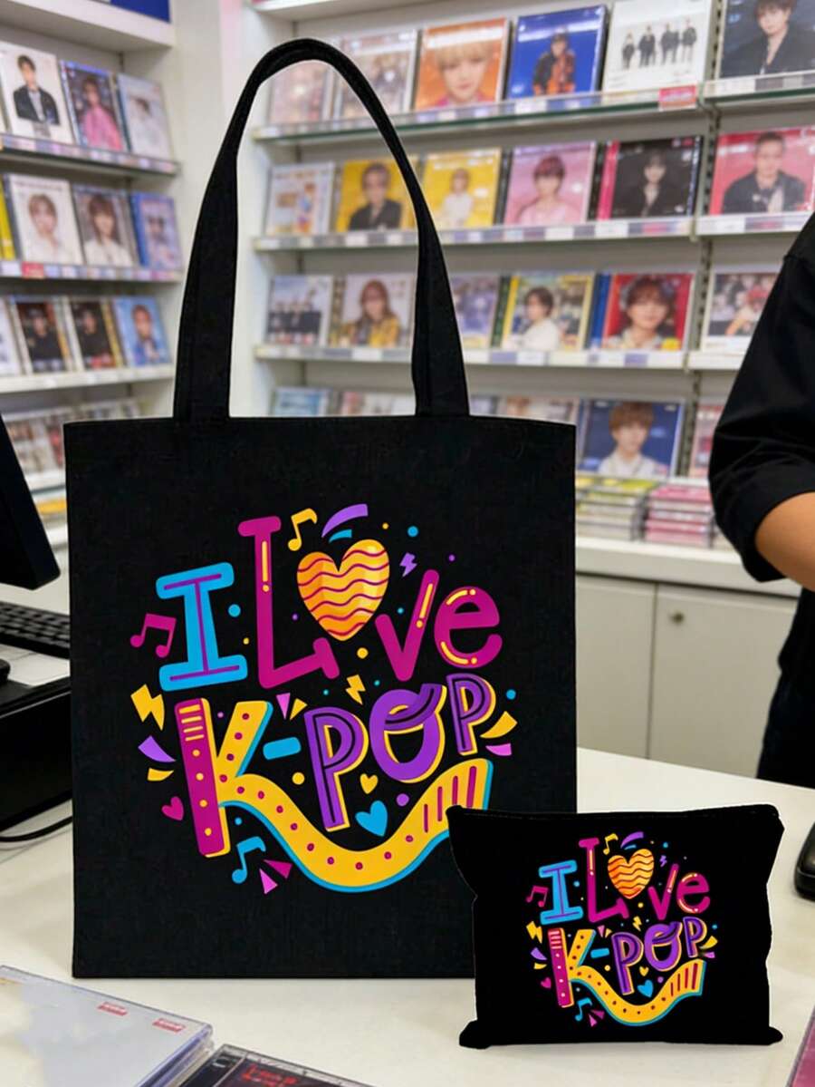 我爱K-Pop帆布手提袋，大容量K-Pop粉丝周边礼品，通勤购物袋，可折叠休闲杂货袋，适合音乐爱好者，适用于旅行、演唱会、粉丝活动、派对、工作、日常使用，粉丝生日礼物、偶像周边、节日礼物、演唱会礼物