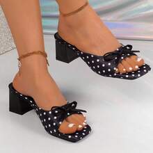 Y2K Retro Polka Dot Comfortable Chunky Heel Sandals, Bowknot Square Toe Slides, Suitable For Daily Outings And Gatherings In Summer - Black - View 6