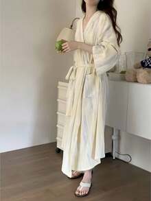 Áo choàng ngủ nữ kiểu Hàn Quốc thanh lịch, cổ chữ V, cổ kimono, thắt eo, dài đến đầu gối, thích hợp cho mùa xuân và mùa thu. - Nhiều màu - Xem 2