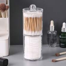 1pc Acrylic Cotton Pad Storage Box With Lid, Transparent Round Cotton Pad Storage Display Jar, Durable Plastic Countertop And Vanity Storage Box, Suitable For Bathroom Accessories And Cosmetics Storage - Multicolor - View 14
