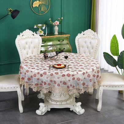 HXARTMIS 1pc Elegant Lace Embroidered Round Tablecloth In Coffee & Burgundy Floral, Embroidered Edged Round Tablecloth, Decorative Round Dining Table Cover, Reusable Plastic Kitchen Tablecloth, Suitable For Home Bedroom, Living Room, Kitchen, Dining Room, Outdoor Garden, Party, Wedding, Birthday And Other Occasions, Available In Multiple Sizes