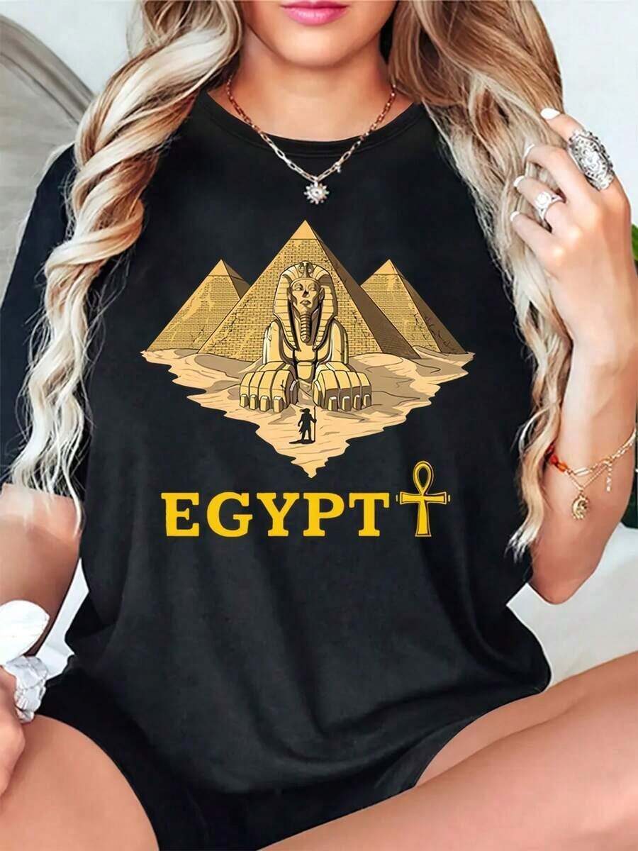 Camiseta Casual de Manga Corta para Mujer - Estampado de Esfinge y Pirámide Egipcia con Letras EGYPPT en Negrita, Cuello Redondo Holgado y Amarillo, Ropa Cómoda para PrimaveraVerano - Negro - Ver 1