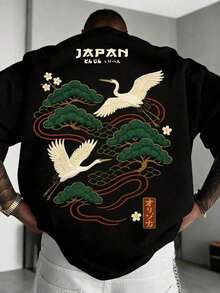 Men's Casual Versatile Simple Japanese Crane Print Short Sleeve T-Shirtgraphic Tee  Shirts - 黑色 - 查看 14