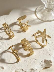 Set de 3/5 anillos de acero inoxidable chapado en oro de 18K de la serie Océano con estrellas de mar y conchas, anillos geométricos ajustables impermeables adecuados para fiestas de playa de verano - Anillo abierto - Ver 4