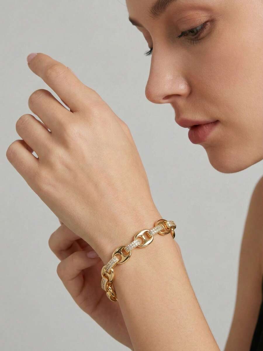 Bộ 1 vòng tay thiết kế dây xích sang trọng đính đá Cubic Zirconia, thích hợp cho nữ giới dự tiệc cưới và các sự kiện, không kèm hộp quà. - Vàng - Xem 1