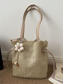 Túi đeo vai dáng xô đứng bằng rơm mới, kiểu dáng đi biển dành cho nữ. - Màu Khaki - Xem 10