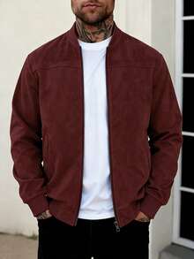 1pc Men's Solid Color Lightweight Suede Fleece Flight Jacket, Full Zip Stand Collar Casual Outerwear, Retro Faux Leather Jacket, Autumn/Winter/Spring Men's Jacket - Burgundy - View 1