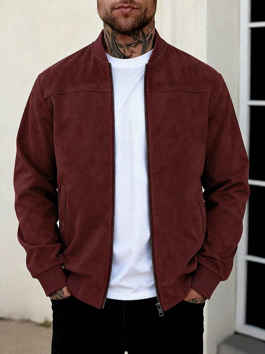 1pc Men's Solid Color Lightweight Suede Fleece Flight Jacket, Full Zip Stand Collar Casual Outerwear, Retro Faux Leather Jacket, Autumn/Winter/Spring Men's Jacket - Burgundy - View 1