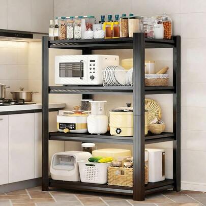 Organizador de estantería de cocina de 4 niveles, estantes de despensa de metal, estantería de almacenamiento ajustable, estantes de metal resistentes para ollas, sartenes, botellas y productos de despensa, ahorro de espacio, negro (54"H X 35.4"W X 15.7"D)
