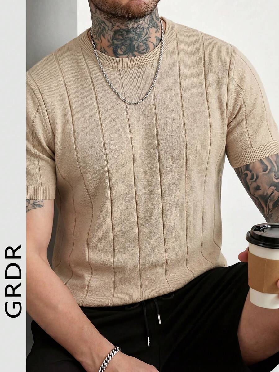 GRDR Men's Summer Knit Solid Ribbed Short Sleeve Sweater, Sporty Casual, Suitable For Outdoor Activities