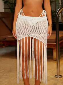 针织镂空流苏不对称/不对称下摆半身裙，海滩度假春夏款 - 淡黃色 - 查看 6